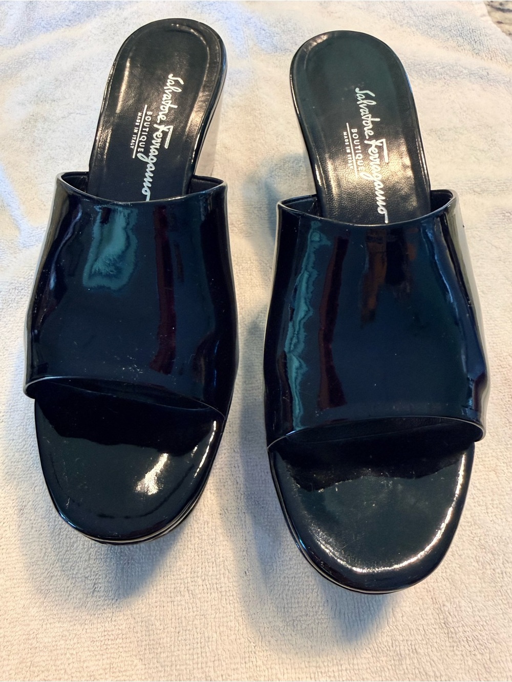 Salvatore Ferragamo Black Patent Open-Toe Slide Mules!